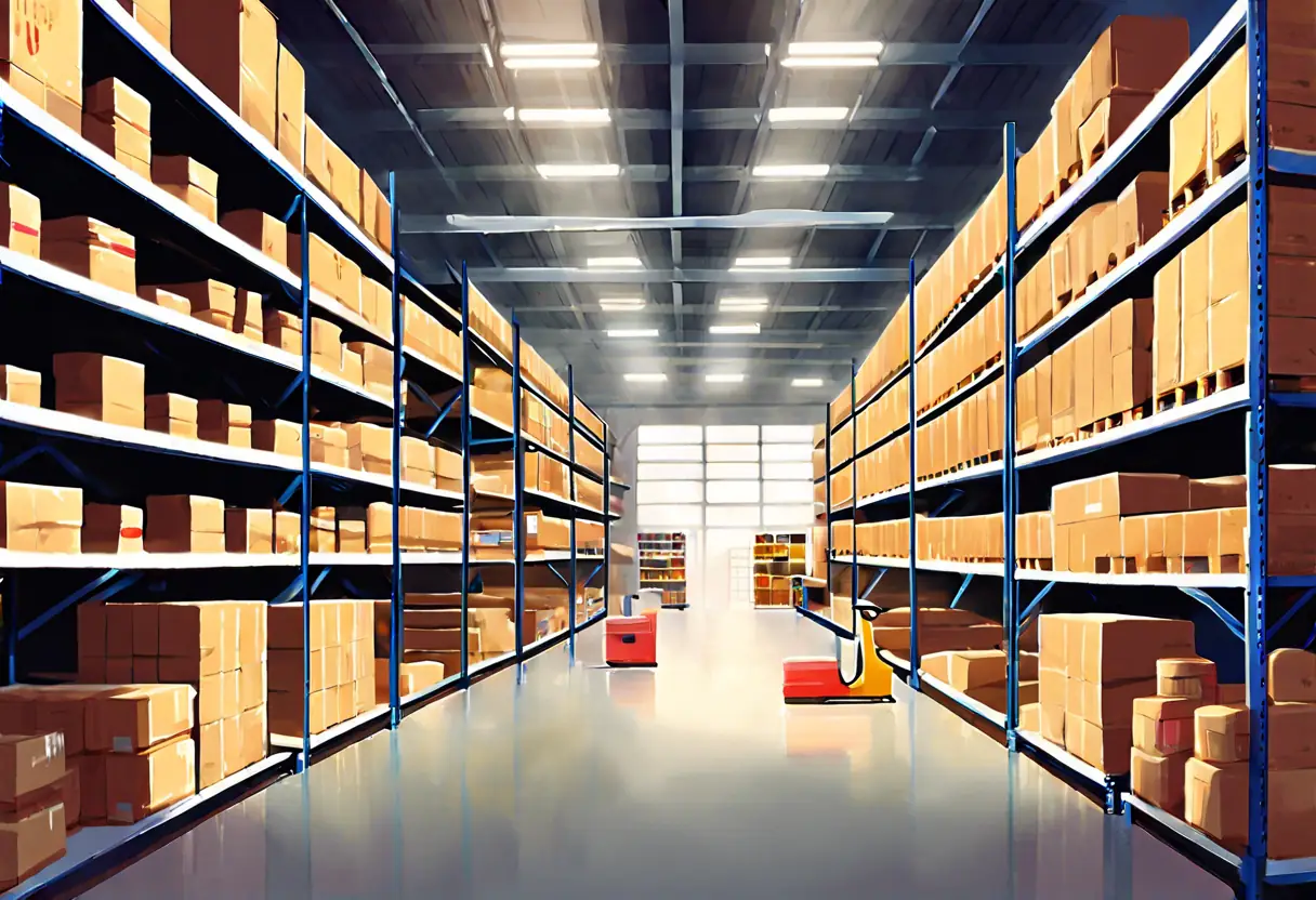 A well-organized warehouse with shelves stocked with various goods.