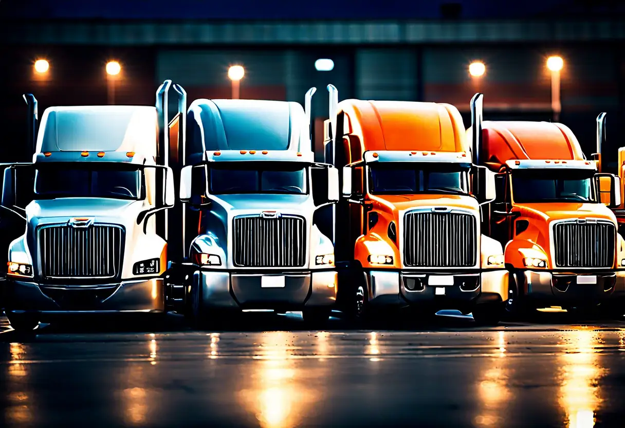 A fleet of modern trucks parked in a loading area, ready for transportation services.